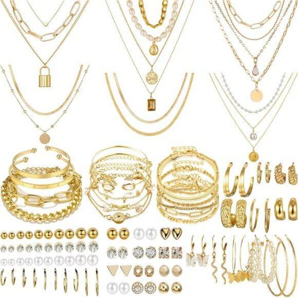Gold Jewelry Set for Women 69 Piece Necklace Bracelet Earring Fashion Pack - Picture 1 of 7